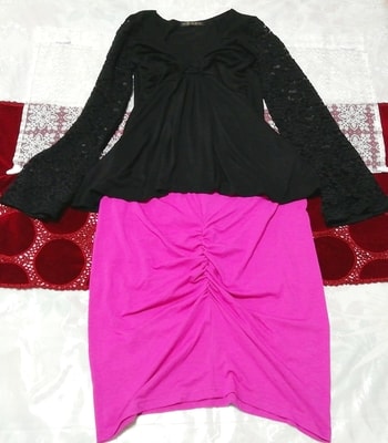 黒ブラックレース長袖シフォンチュニック ネグリジェ マゼンタミニスカート 2P Black lace tunic negligee mazenda pink mini skirt, ファッション, レディースファッション, ナイトウエア、パジャマ