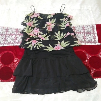 黒花柄フリルシフォンキャミソール ネグリジェ 黒フリルミニスカート 2P Black frill chiffon camisole negligee black frill mini skirt, ファッション, レディースファッション, ナイトウエア、パジャマ