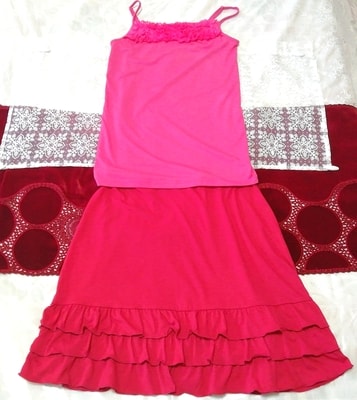 ピンクレースキャミソール ネグリジェ 赤フリルミニスカート 2P Pink lace camisole negligee red frill mini skirt, ファッション, レディースファッション, ナイトウエア、パジャマ