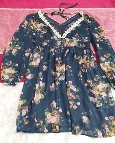 紺ネイビーシフォン長袖花柄ネグリジェチュニックワンピース Navy chiffon long sleeve flower pattern negligee tunic dress, チュニック, 長袖, Mサイズ