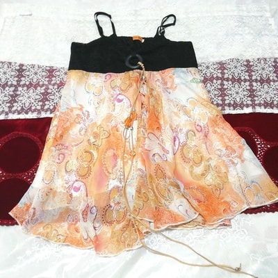 黒ベストエスニック柄オレンジシフォンネグリジェキャミソールベビードール Black ethnic pattern orange chiffon camisole negligee dress, ファッション, レディースファッション, キャミソール