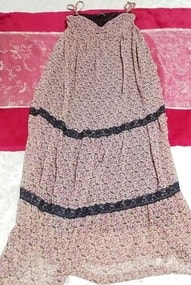 ピンク紫花柄シフォン紺レースネグリジェキャミソールマキシワンピース Pink purple flower chiffon navy lace negligee camisole dress, ワンピース, ロングスカート, Mサイズ