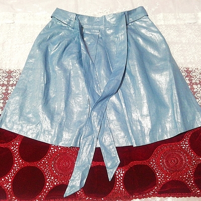 麻リネン100%光沢デニム腰ひもフレアミニスカート 100% linen glossy denim flare mini skirt with string waist, ミニスカート, フレアースカート、ギャザースカート, Mサイズ