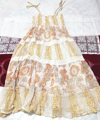 亜麻色エスニック柄綿コットンシフォン ネグリジェ キャミソールワンピース Flax ethnic pattern cotton chiffon negligee camisole dress, ファッション, レディースファッション, キャミソール