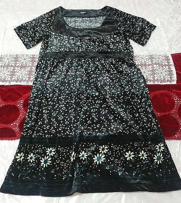 黒ベロア花柄チュニックネグリジェ Black velour floral print tunic negligee, チュニック, 半袖, Lサイズ