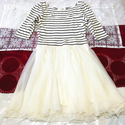 白黒縞々チュールスカート半袖フリルチュニック ネグリジェ ワンピース Black white striped tulle skirt tunic negligee nightwear dress, チュニック, 長袖, Mサイズ