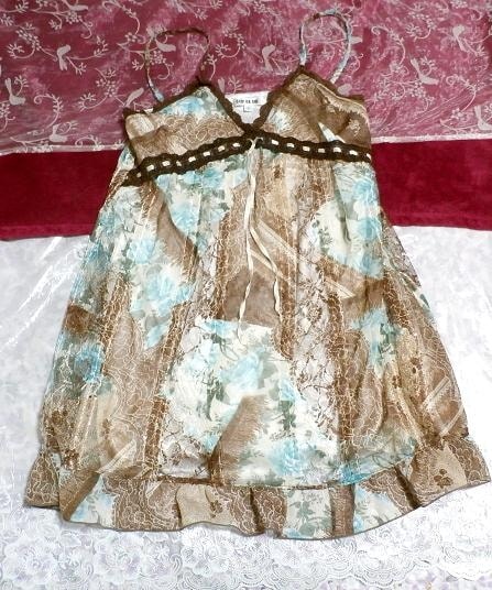 水色茶色花柄フリルネグリジェシフォンキャミソールワンピース Light blue brown floral pattern frill negligee chiffon camisole dress, ファッション, レディースファッション, キャミソール