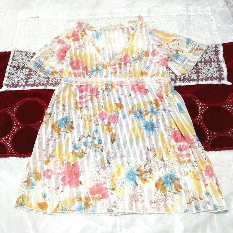 青黄赤花柄シースルーVネックチュニックネグリジェ Blue yellow red flower pattern see through V neck tunic negligee dress, チュニック, 半袖, Mサイズ