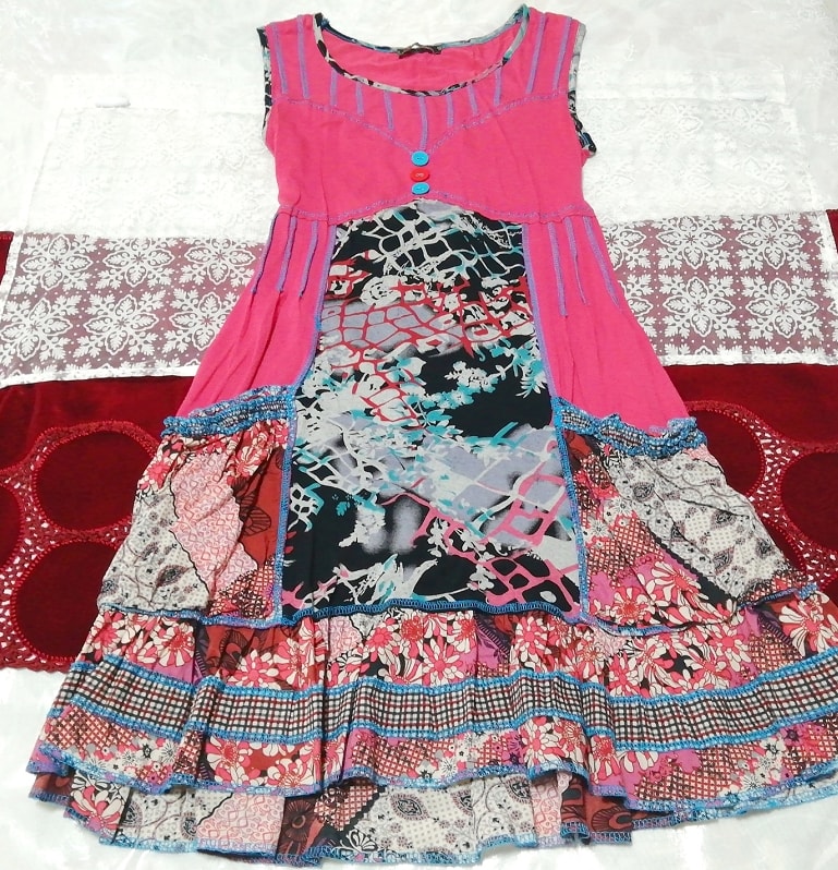 ピンク黒青アート柄 ノースリーブ ネグリジェ ナイトウェア ワンピース Pink black blue art pattern sleeveless negligee nightwear dress, ワンピース, ひざ丈スカート, Mサイズ