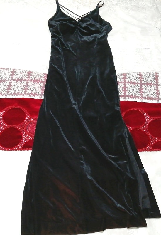 黒ベロアマキシ スリットスカート ネグリジェ ノースリーブワンピースドレス Black velour maxi slit skirt negligee sleeveless dress, ファッション, レディースファッション, ナイトウエア、パジャマ