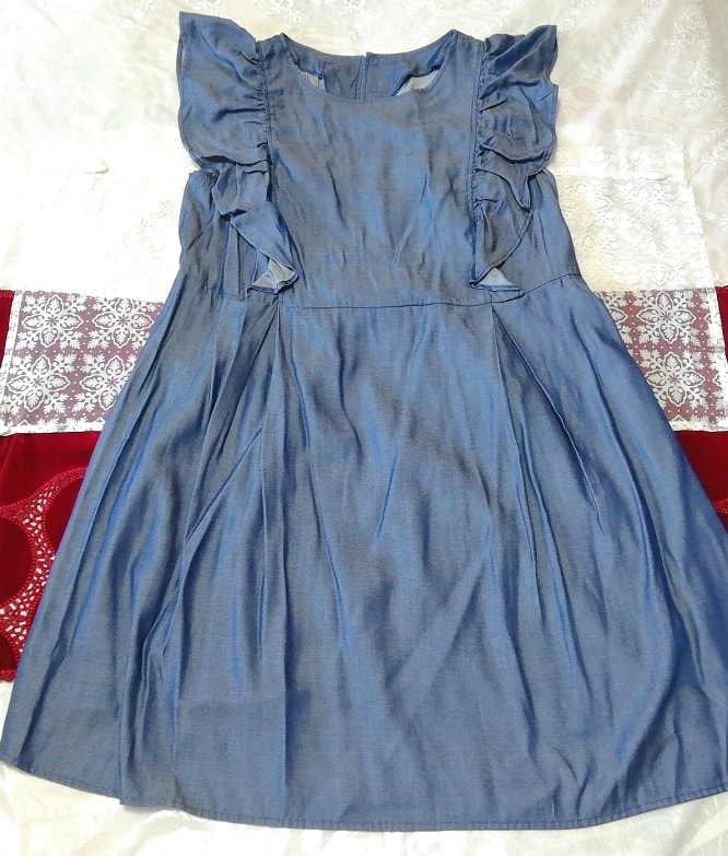 青デニム風ノースリーブフリルチュニック ネグリジェ ナイトウェア ワンピース Blue denim style sleeveless frill tunic negligee dress, チュニック, 袖なし、ノースリーブ, Mサイズ