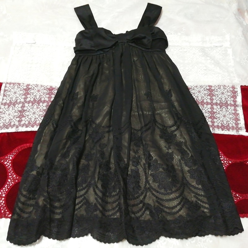 黒刺繍レーススカート ネグリジェ ナイトウェア ノースリーブワンピースドレス Black lace skirt negligee nightwear sleeveless dress, ファッション, レディースファッション, ナイトウエア、パジャマ