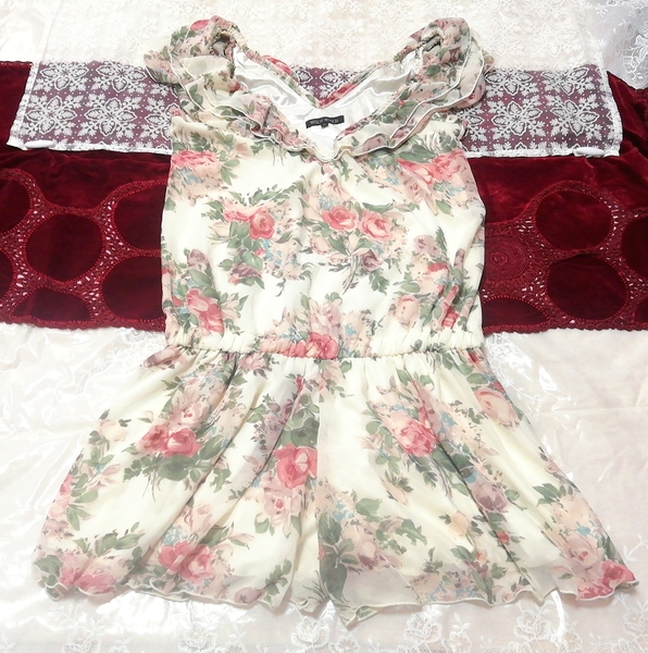 フローラルホワイト花柄シフォンキュロットネグリジェ ナイトウェア Floral white flower chiffon culotte negligee nightwear, ファッション, レディースファッション, ナイトウエア、パジャマ