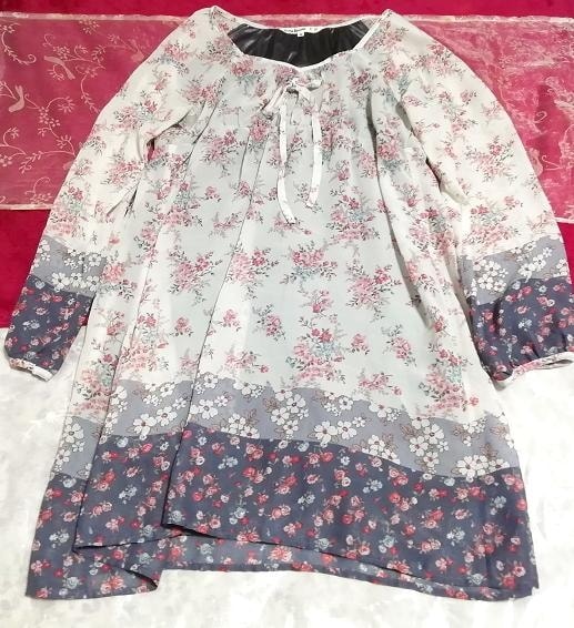 白青灰花柄プリント長袖シフォンネグリジェチュニックワンピース White ash flower print long sleeve chiffon negligee tunic, チュニック, 長袖, Mサイズ