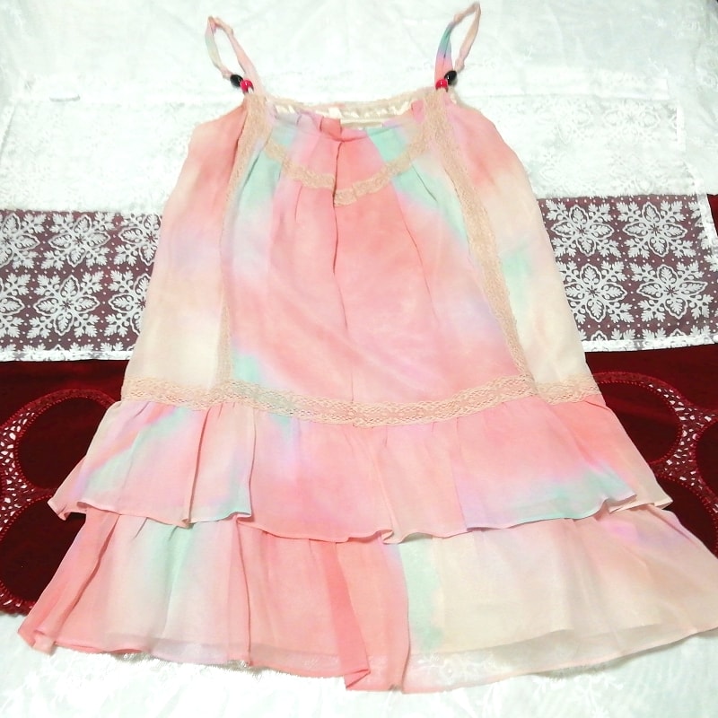 絹シルクピンクシフォンネグリジェキャミソールワンピースベビードールドレス Silk pink chiffon negligee camisole babydoll dress, ファッション, レディースファッション, キャミソール