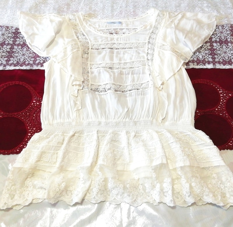 白薔薇レース半袖チュニック ネグリジェ ナイトウェア ワンピース White rose lace short sleeve tunic negligee nightwear dress, チュニック, 半袖, Mサイズ