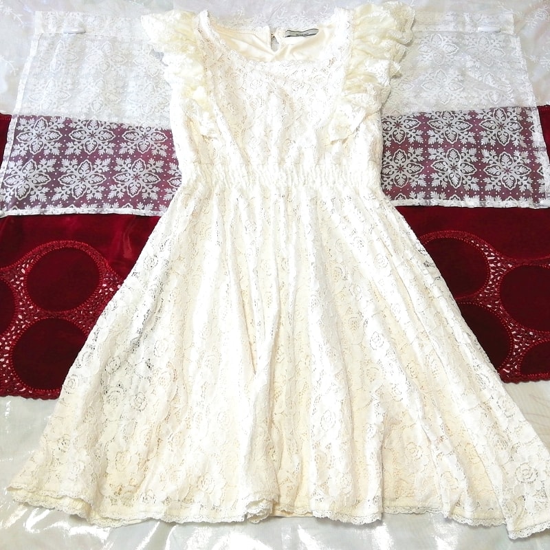 フローラルホワイトレースフリルノースリーブチュニック ネグリジェ ワンピース Floral white lace frill sleeveless tunic negligee dress, チュニック, 袖なし、ノースリーブ, Mサイズ