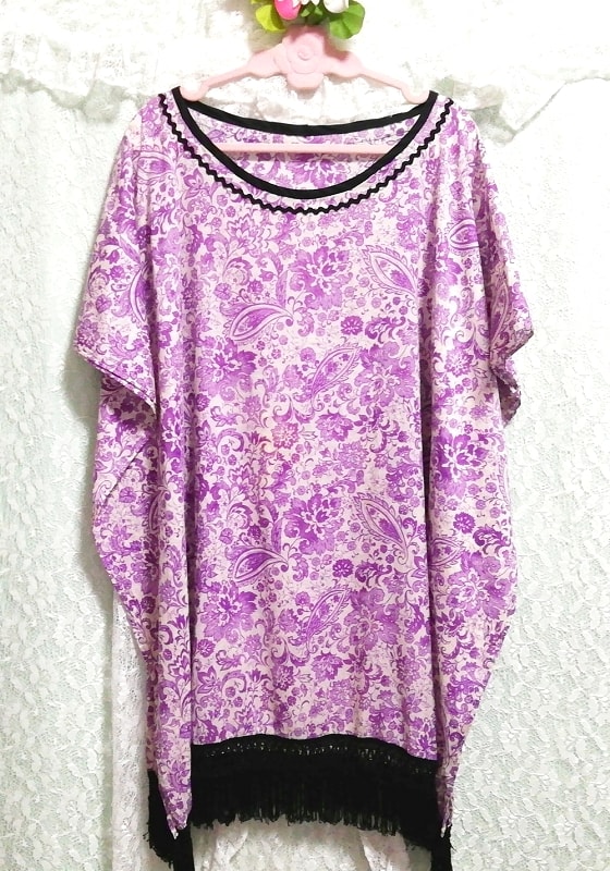 紫エスニック柄黒ブラックフリンジポンチョチュニックネグリジェ Purple ethnic pattern black fringe poncho tunic negligee dress, チュニック, 長袖, Mサイズ