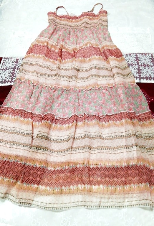 ピンクブラウン花柄ネグリジェキャミソールマキシワンピースドレス Pink brown floral pattern negligee camisole maxi dress, ワンピース, ロングスカート, Lサイズ