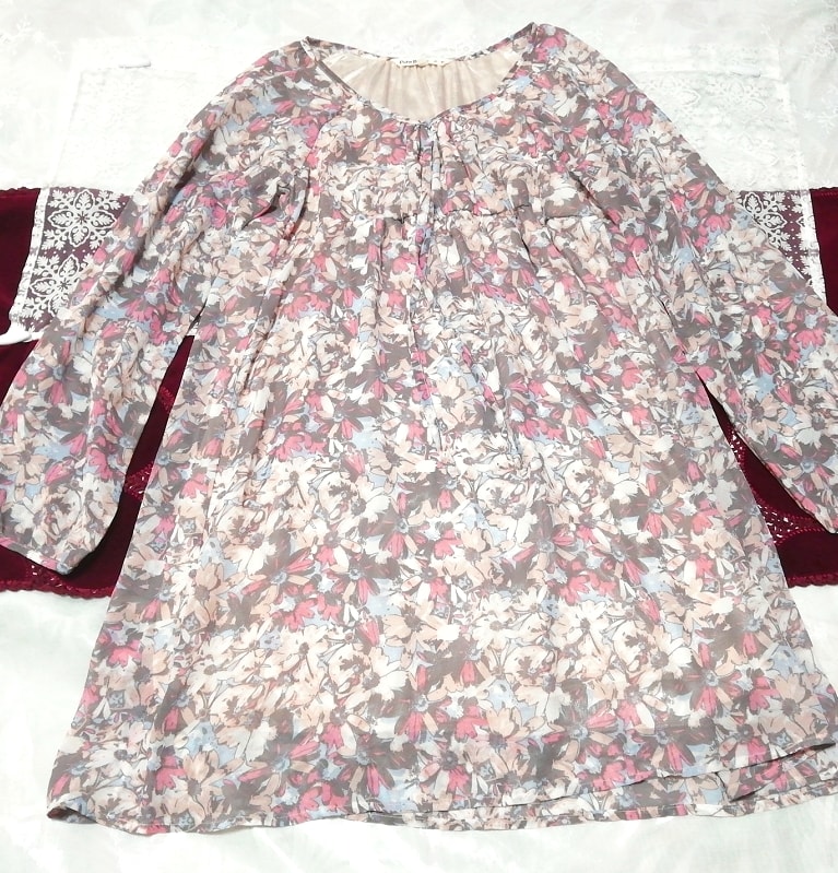 グレー赤白花柄シフォンチュニックネグリジェワンピース Light gray red white flower pattern chiffon tunic negligee dress, チュニック, 長袖, Mサイズ