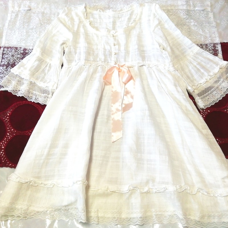 白綿コットン長袖チュニック ピンクサテンリボン ネグリジェ ワンピース White cotton tunic pink satin ribbon negligee dress, チュニック, 長袖, Mサイズ