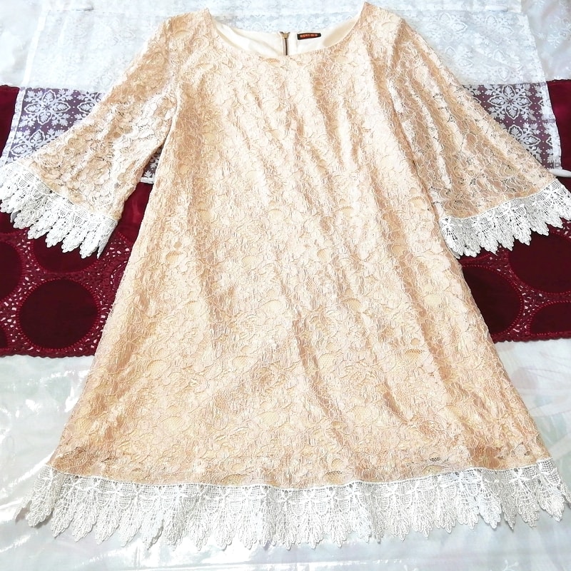 亜麻色白レース長袖ロングチュニック ネグリジェ ナイトウェア ワンピース Flax white lace long tunic negligee nightwear dress, チュニック, 長袖, Mサイズ