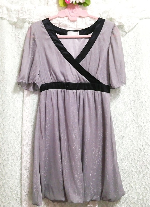 グレーシフォン黒サテン半袖チュニック ネグリジェ ワンピース Gray chiffon black satin short sleeve tunic negligee dress, チュニック, 半袖, Lサイズ