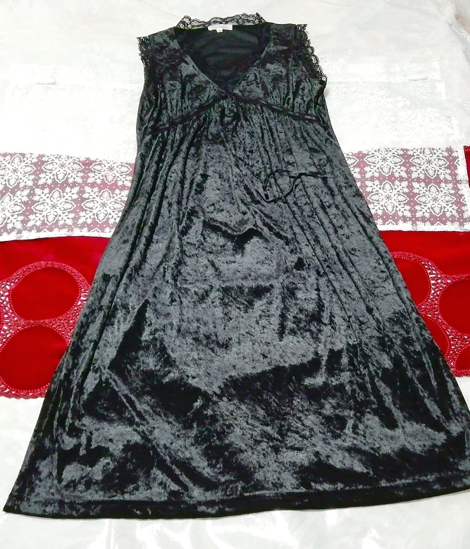 黒レースベロア ネグリジェ ナイトウェア ノースリーブワンピースドレス Black lace velour negligee nightwear sleeveless dress, ファッション, レディースファッション, ナイトウエア、パジャマ