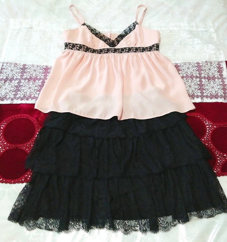 ピンク黒レースキャミソール ネグリジェ 黒レースフレアフリルスカート 2P Pink black lace camisole negligee black flare frill skirt, ファッション, レディースファッション, ナイトウエア、パジャマ