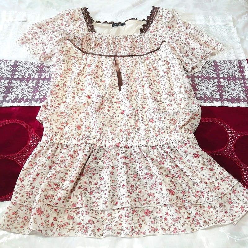 白花柄シフォン茶色レースリボン半袖チュニック ネグリジェ ワンピース White floral chiffon brown lace ribbon tunic negligee dress, チュニック, 半袖, Lサイズ